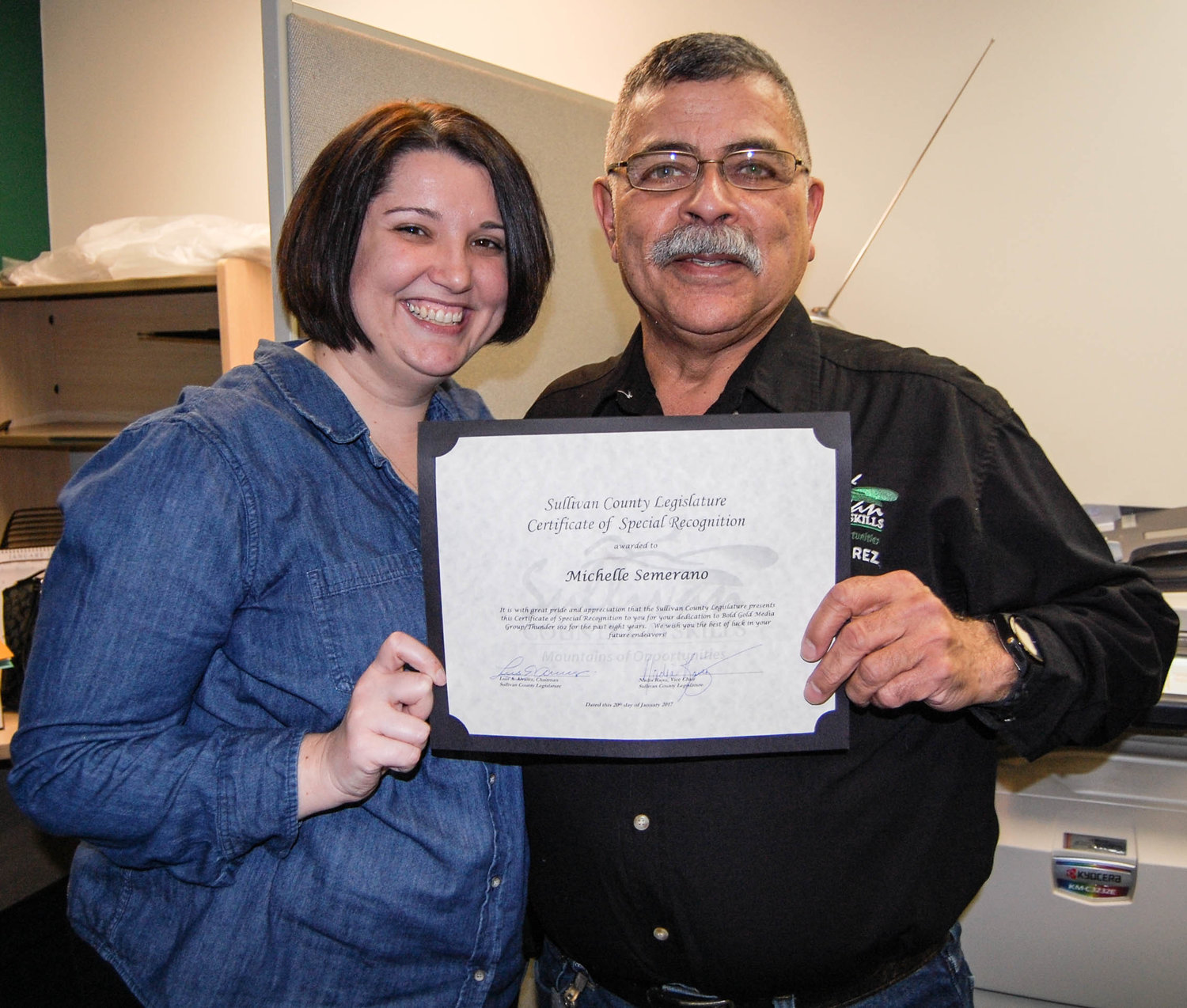 Sullivan County Legislature chairman Luis Alvarez presented Michelle Semerano with a certificate of special recognition last Friday [2017] at the new Thunder 102 studio in Bridgeville, NY.